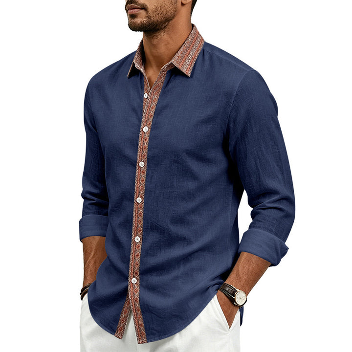 Men's Long Sleeve Linen Shirt with Contrast Trim at Collar and Button Placket Mune Fashion