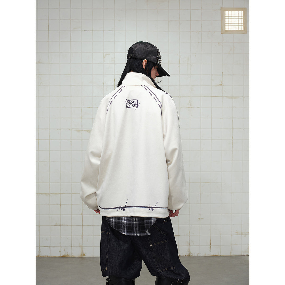 Unisex Oversize Fleece Jacket with Stand-Up Collar and Graphic Sketch Print Mune Fashion