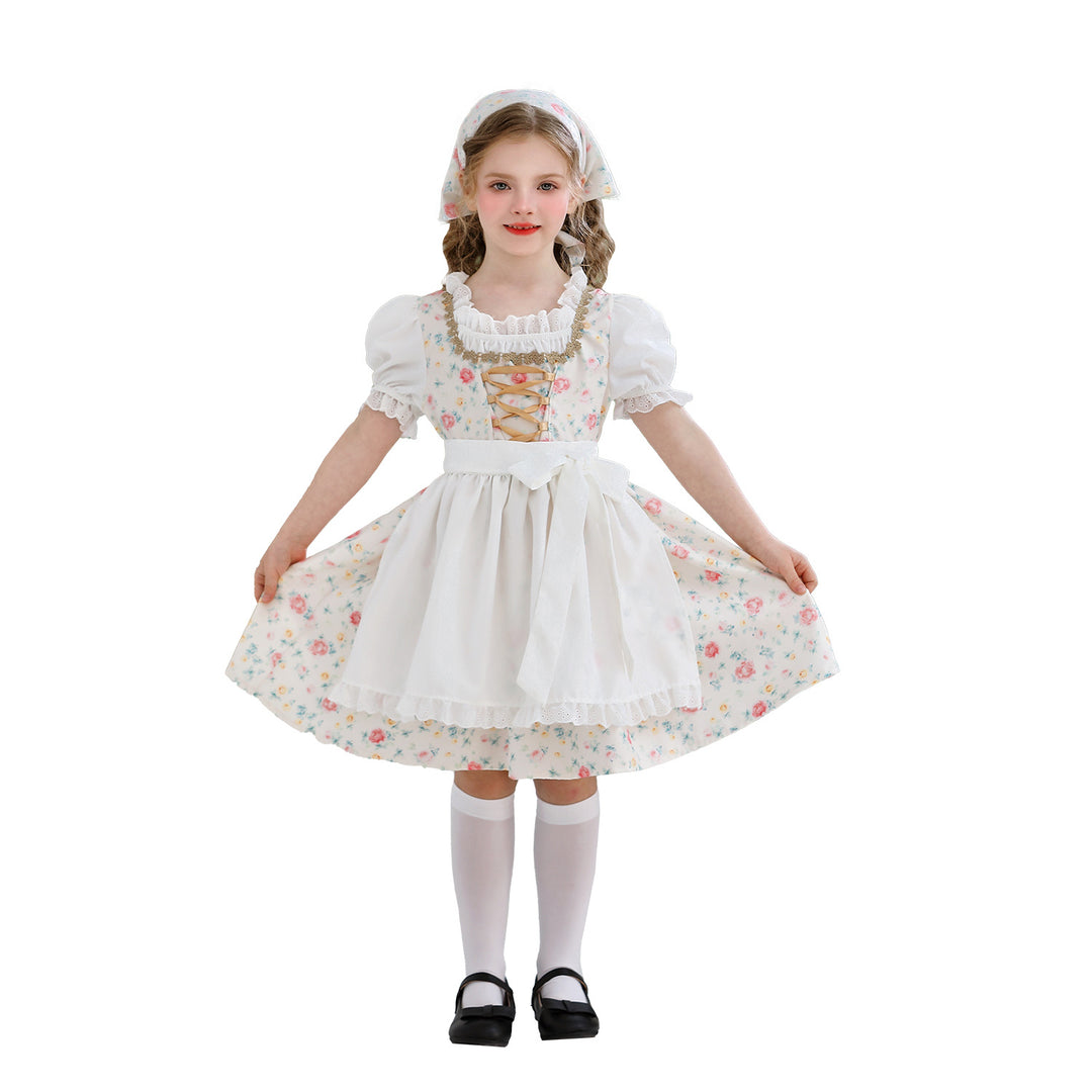 Ladies' traditional Dirndl dress for girls with embroidered apron, ruffle collar, and matching headscarf Mune Fashion