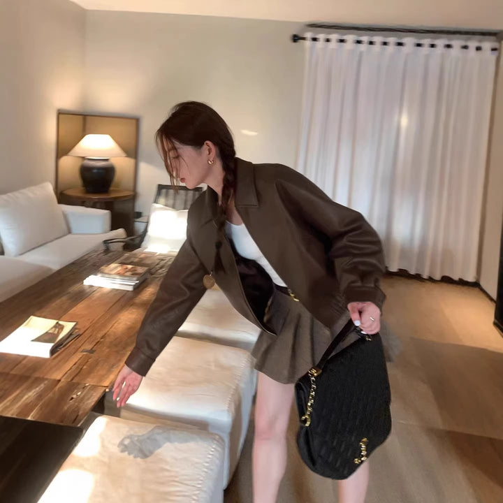 Women's Cropped Lambskin Bomber Jacket Mune Fashion