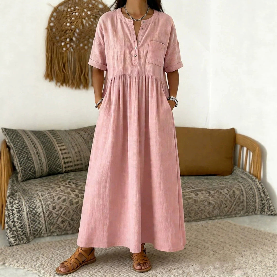 Women's Long Boho Maxi Dress with Henley Button Placket, Chest Pocket and Side Pockets Mune Fashion