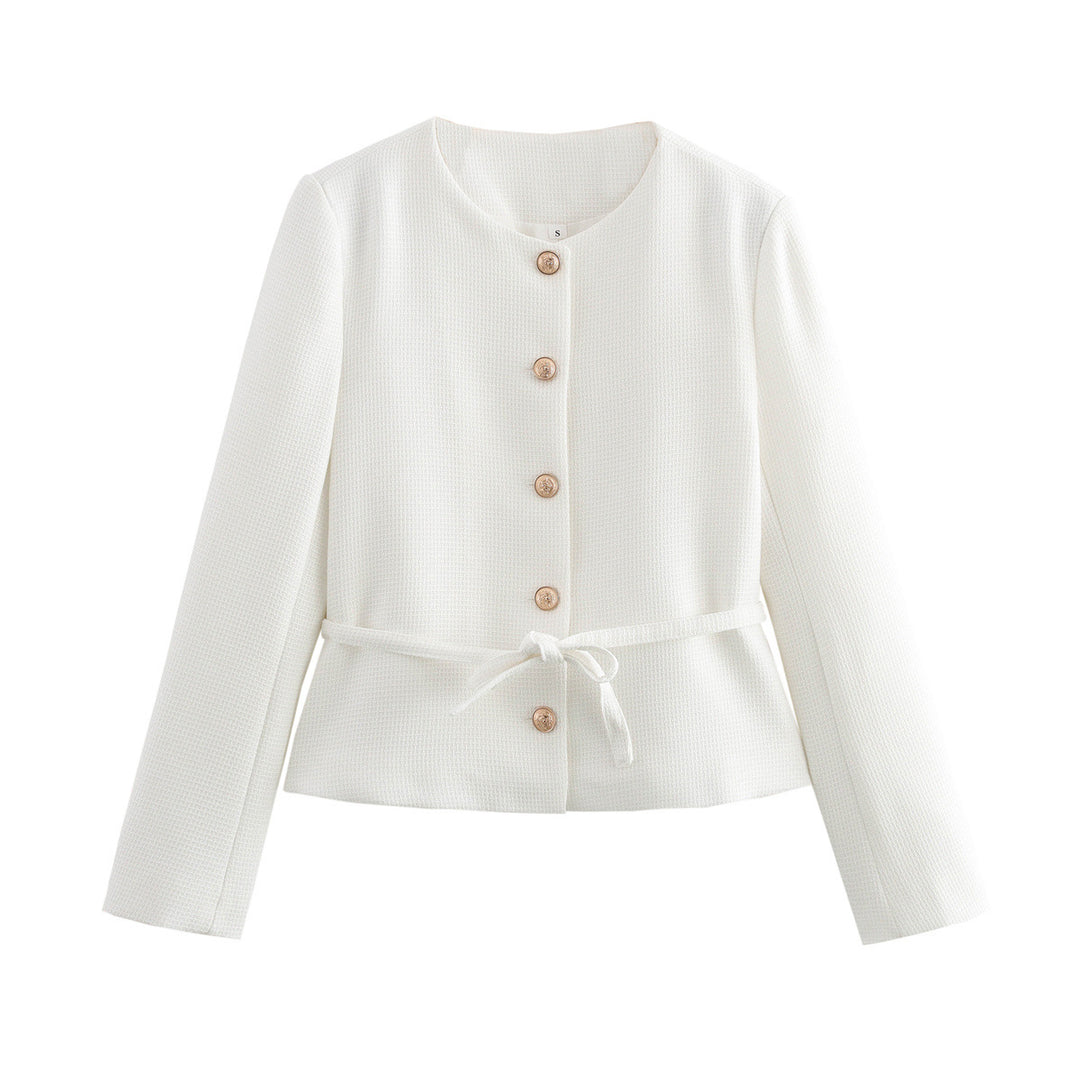 Women's structured short jacket with round neckline, wooden button placket, and tailored tie belt Mune Fashion