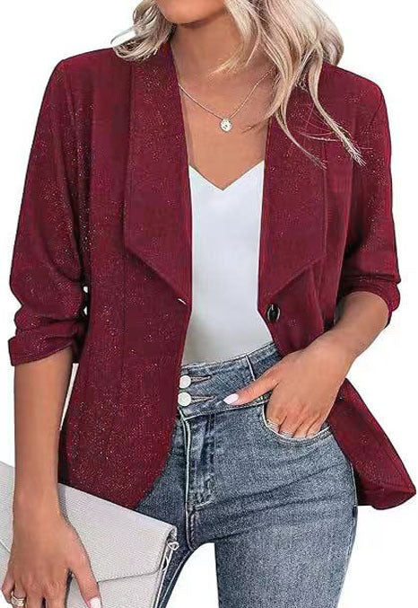 Women's Elegant Glitter Blazer with Waterfall Lapel, Tailored Fit and 3/4 Sleeves Mune Fashion