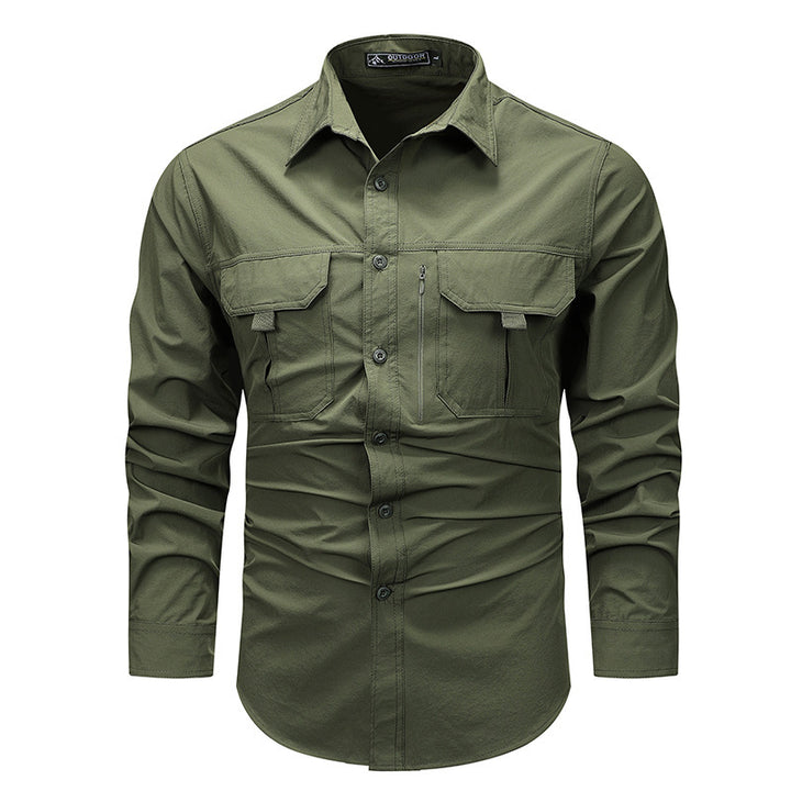 Men's robust field shirt with double chest flaps, concealed zip pocket and reinforced seams.