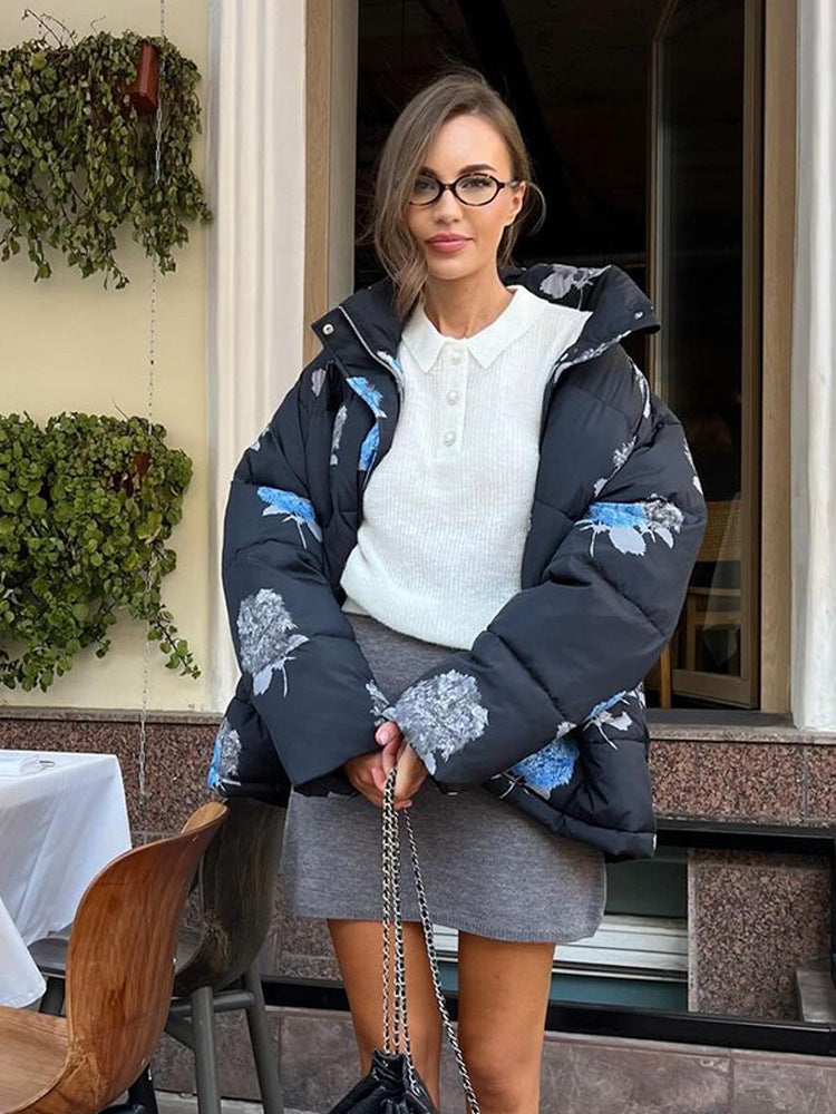 Women Padded Oversized Quilted Jacket with Floral Print and Hood Mune Fashion