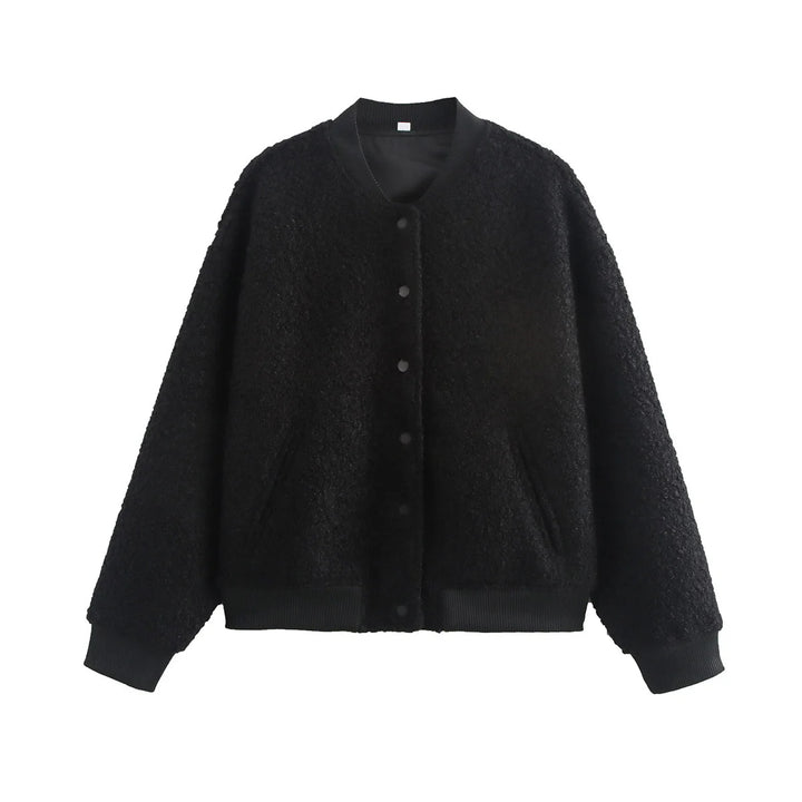 Ladies cozy teddy bomber jacket in college style with concealed snap button placket and integrated pockets Mune Fashion