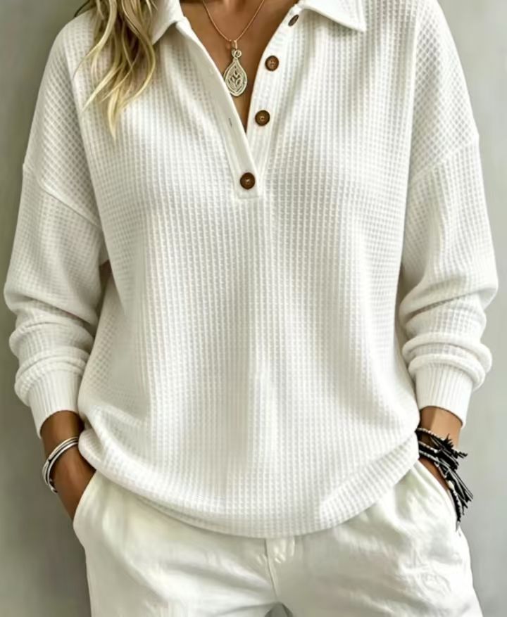 Ladies waffle knit polo with oversized fit, button placket and roll neck look Mune Fashion