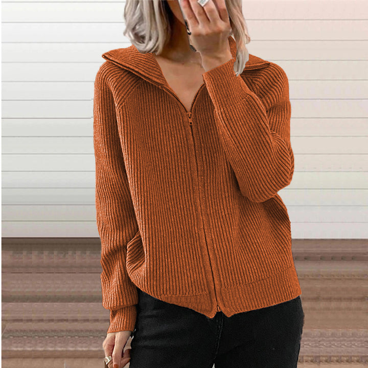 Women Ribbed Hooded Cardigan with Zipper and Patch Pockets Drune