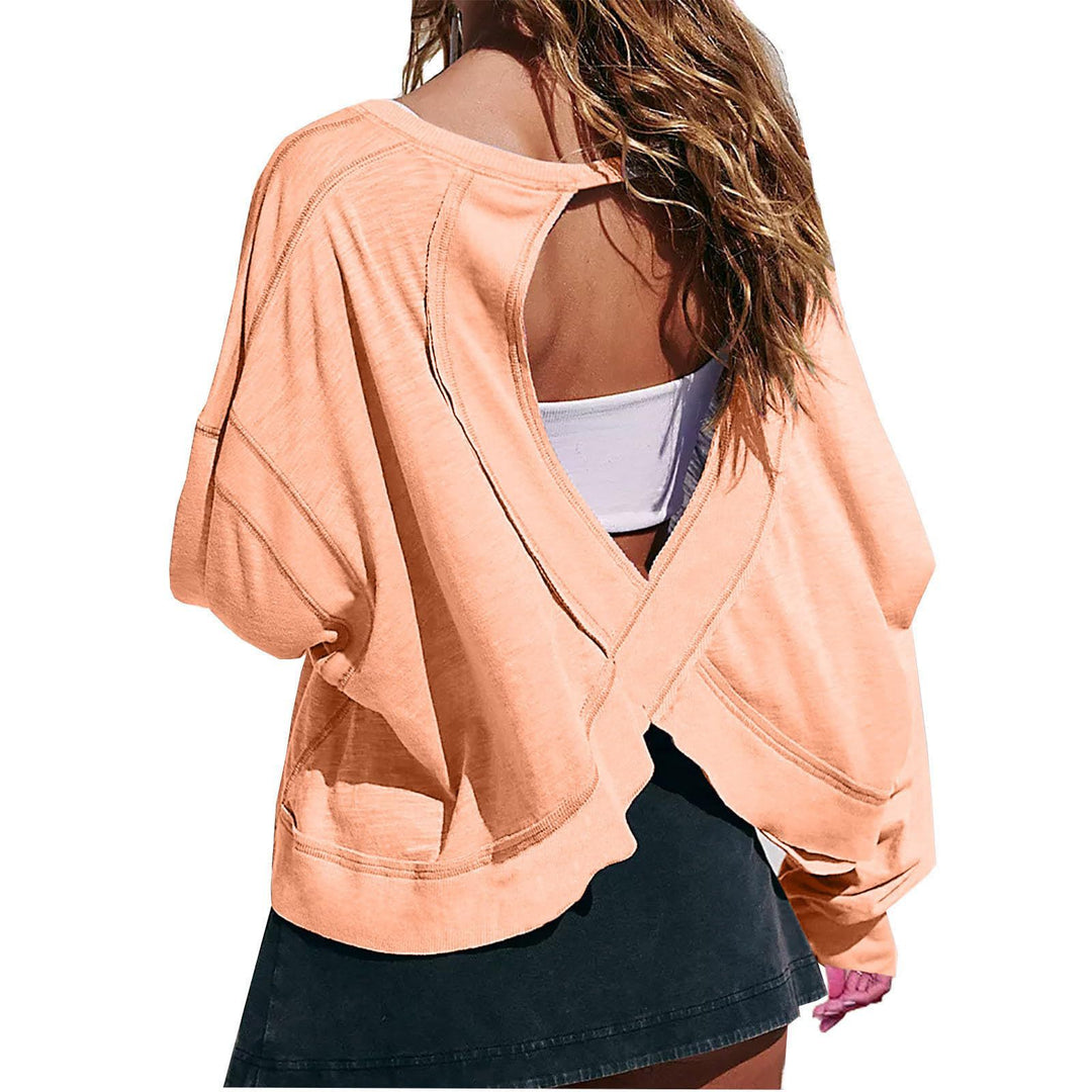 Women's cropped sweatshirt with crossover cut-out back and raw hem edges Mune Fashion