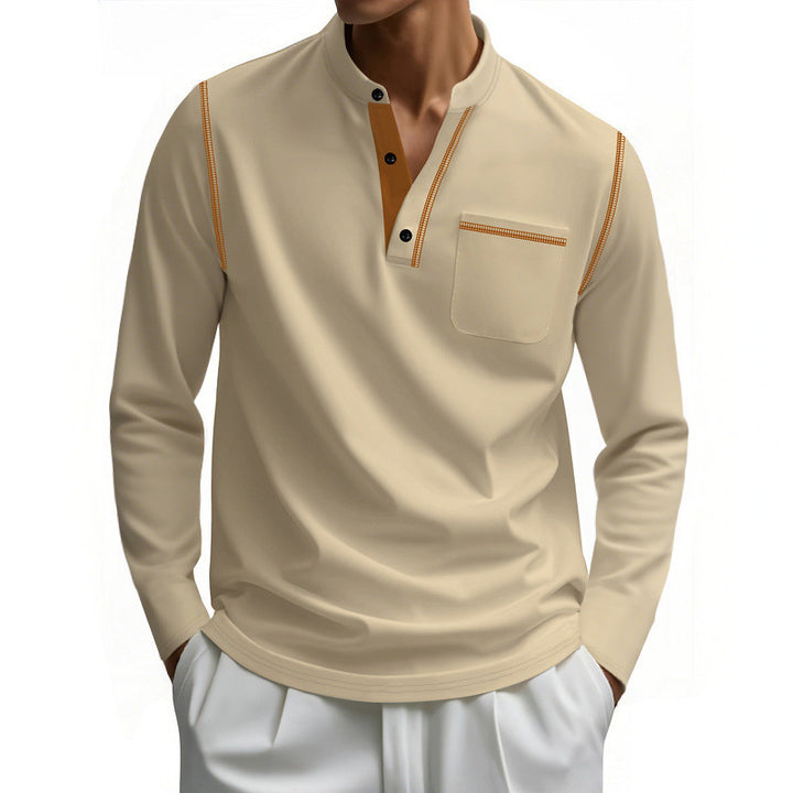 Men's long-sleeve cotton Henley with stand-up collar, chest pocket, and decorative seams Mune Fashion