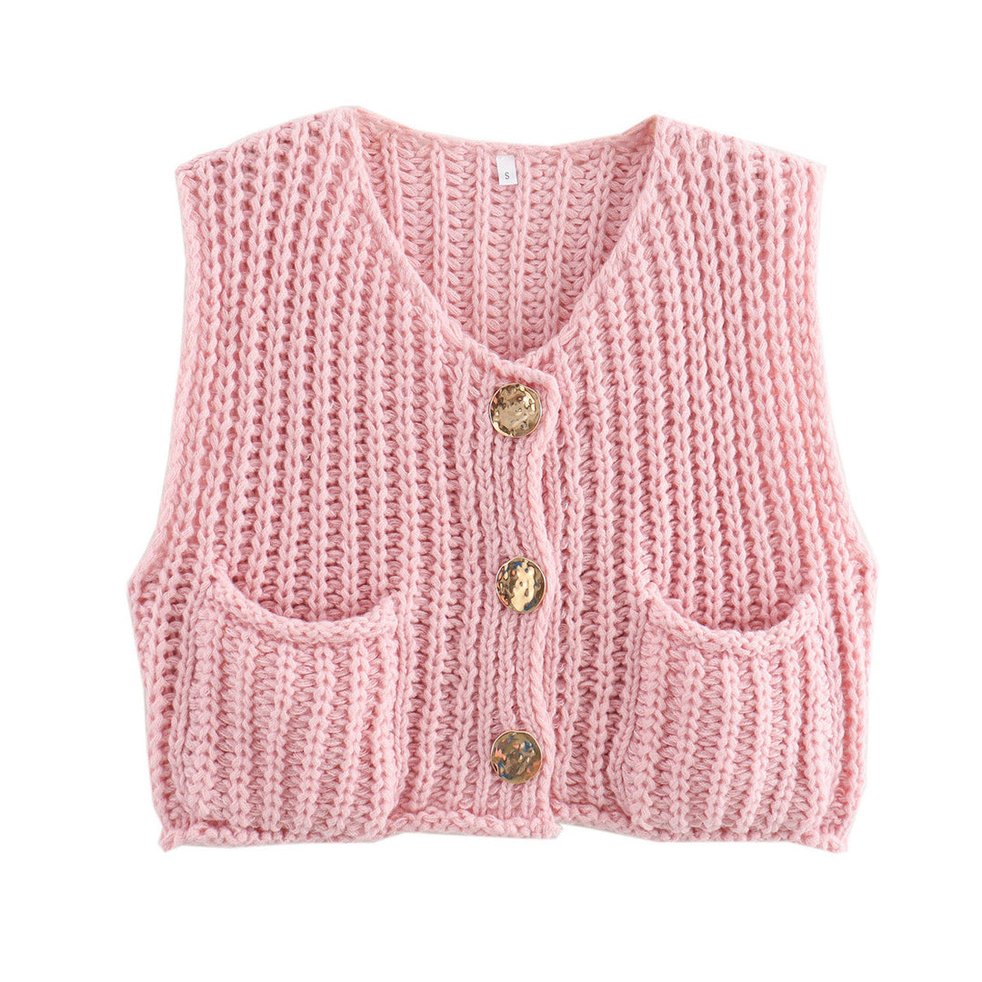 Women's Chunky Knit Cropped Vest with V-Neck and Gold Decorative Buttons Mune Fashion