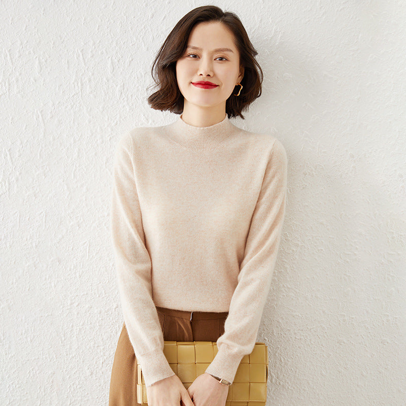Women Luxurious Cashmere Fine Knit Sweater with Standing Collar Mune Fashion