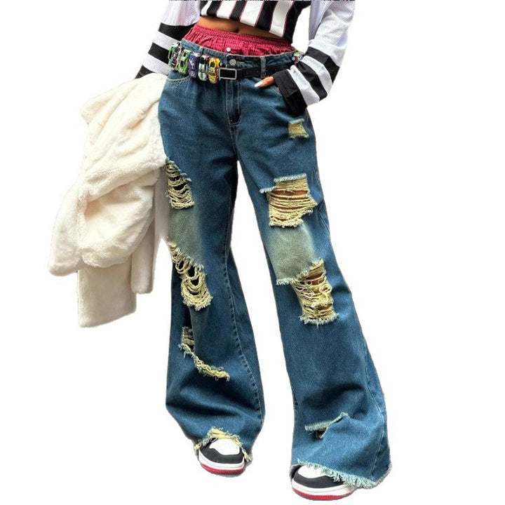 Women's wide Destroyed-Denim-Jeans with Neon Fringe Application Mune Fashion