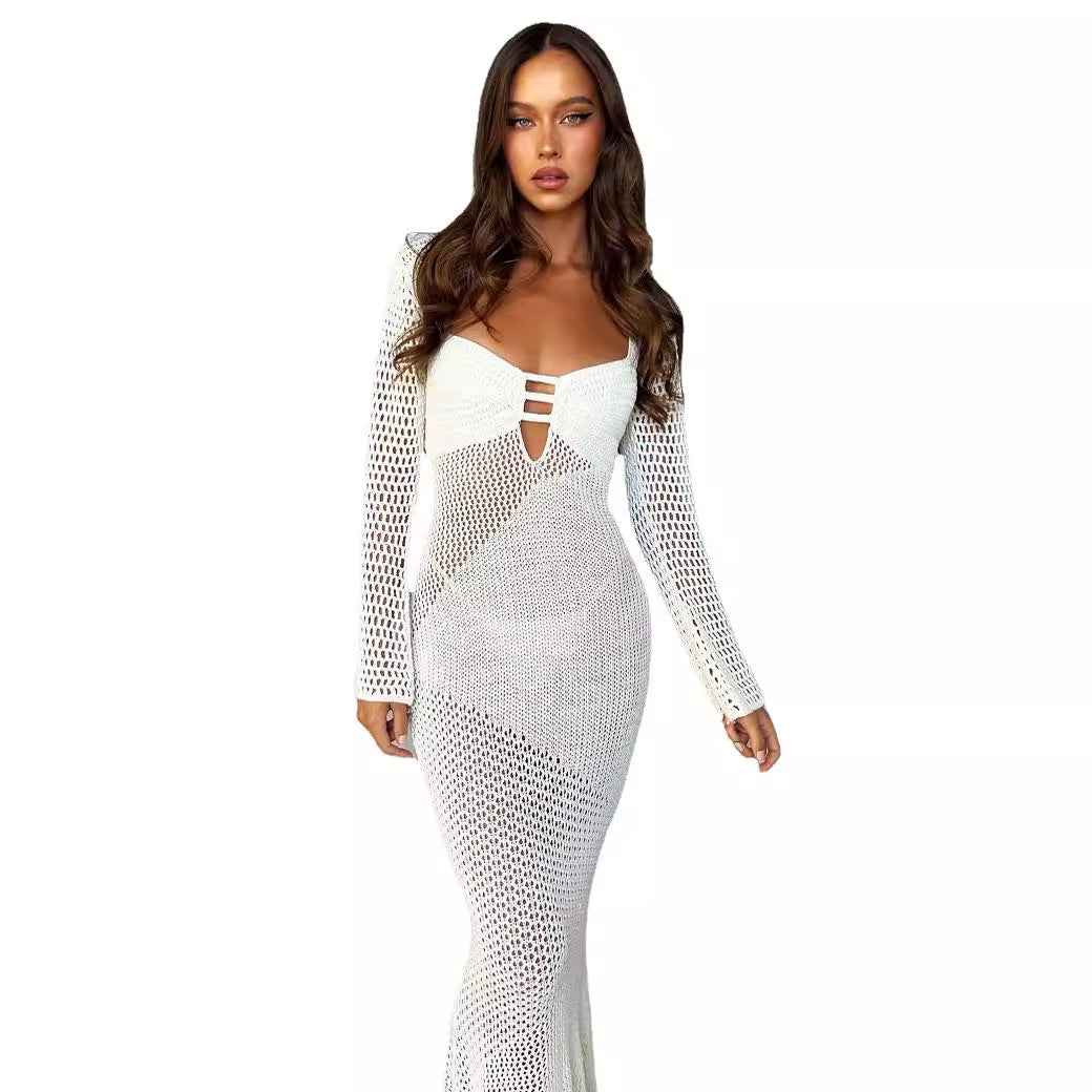 Women's long crochet dress with V-neck and decorative cut-outs