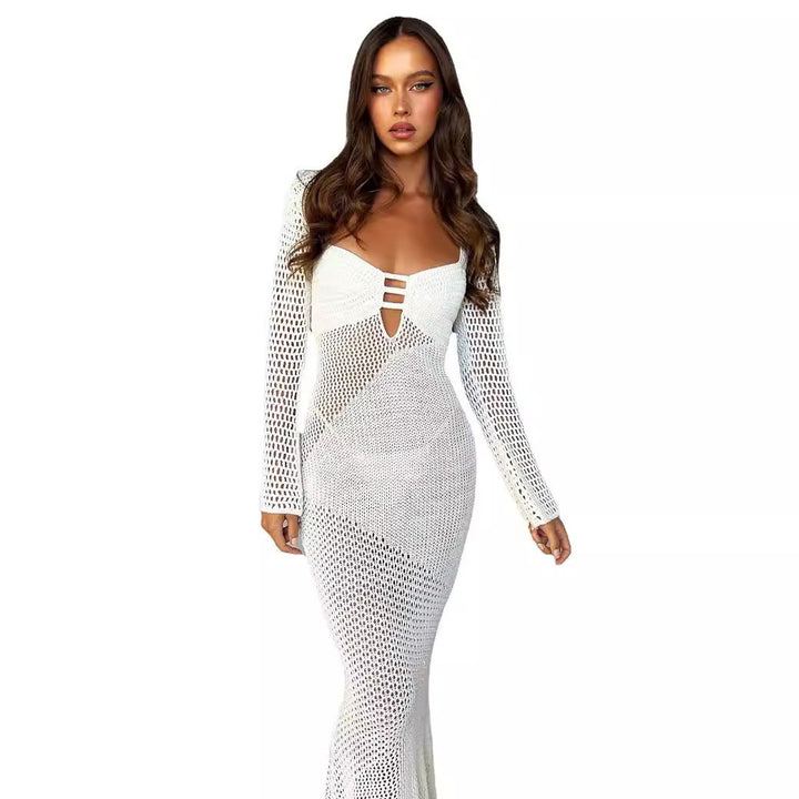 Women's long crochet dress with V-neck and decorative cut-outs