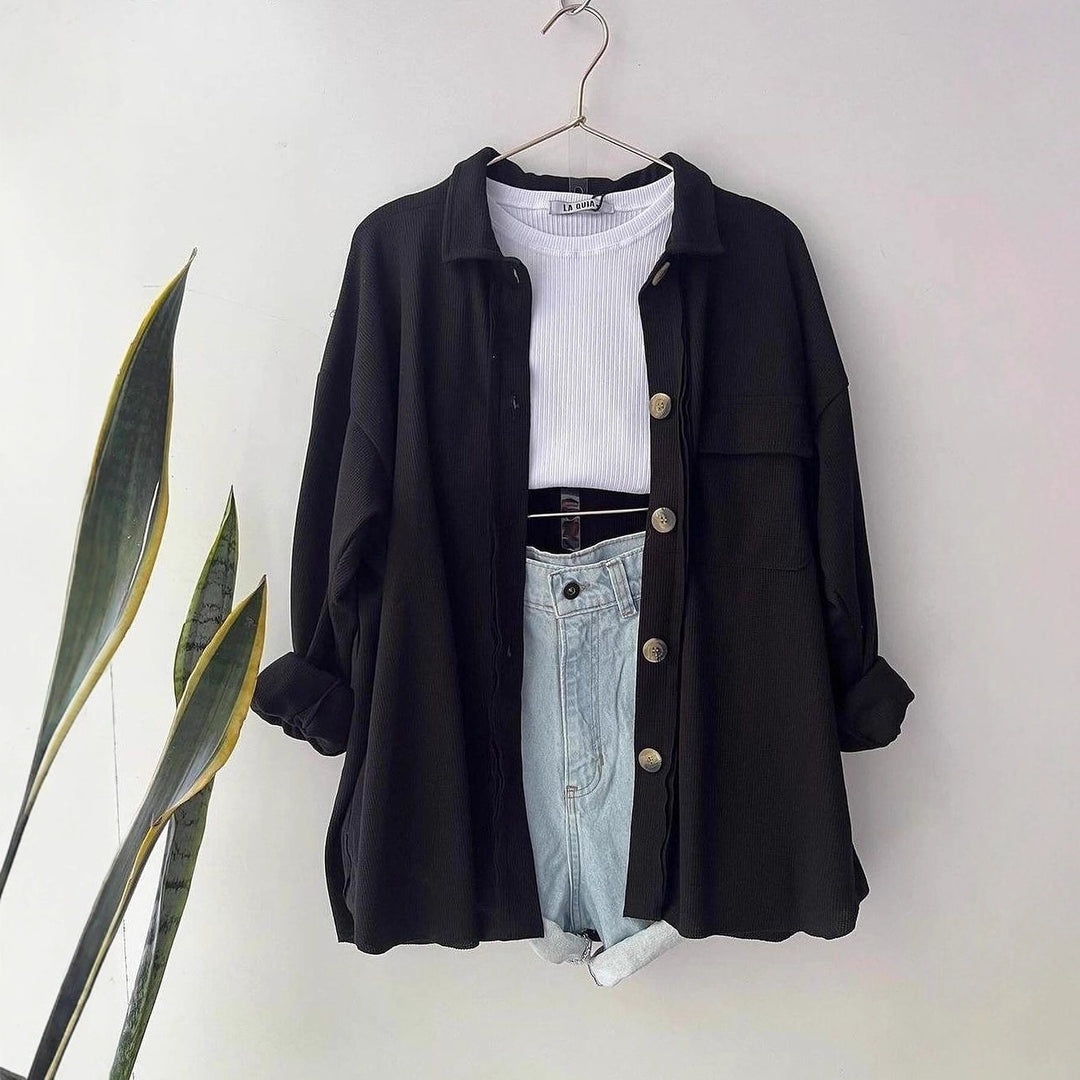 Women's Oversized Cord Shirt Jacket made of Wide Corduroy with Chest Pocket and Wooden Buttons Mune Fashion