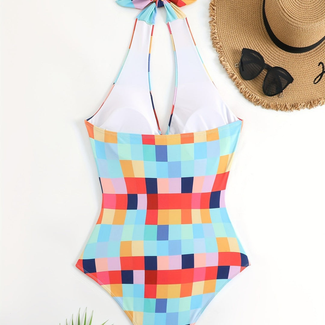 Women's One-Piece Swimsuit with Fashionable Check Pattern Mune Fashion
