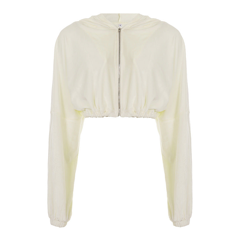 Women's cropped hoodie with drawstring at the waist, shiny satin look, front zipper and elastic cuffs Mune Fashion