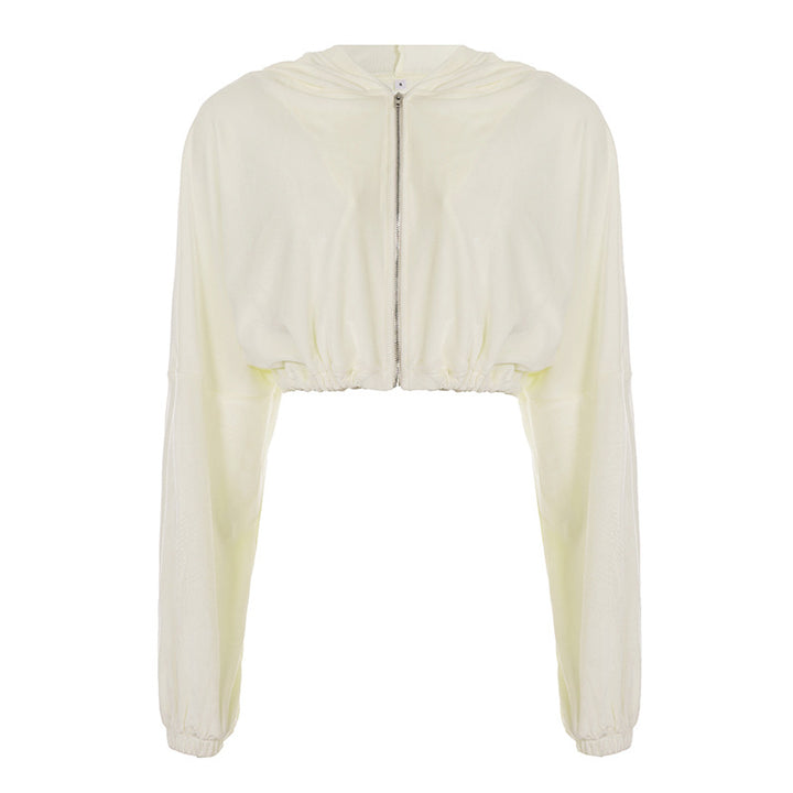 Women's cropped hoodie with drawstring at the waist, shiny satin look, front zipper and elastic cuffs Mune Fashion