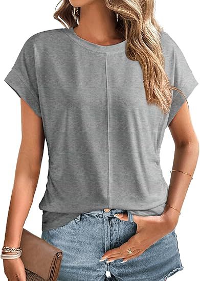 Women's Relaxed-Fit Short Sleeve Shirt with Decorative Center Seams and Cuffed Sleeves Mune Fashion