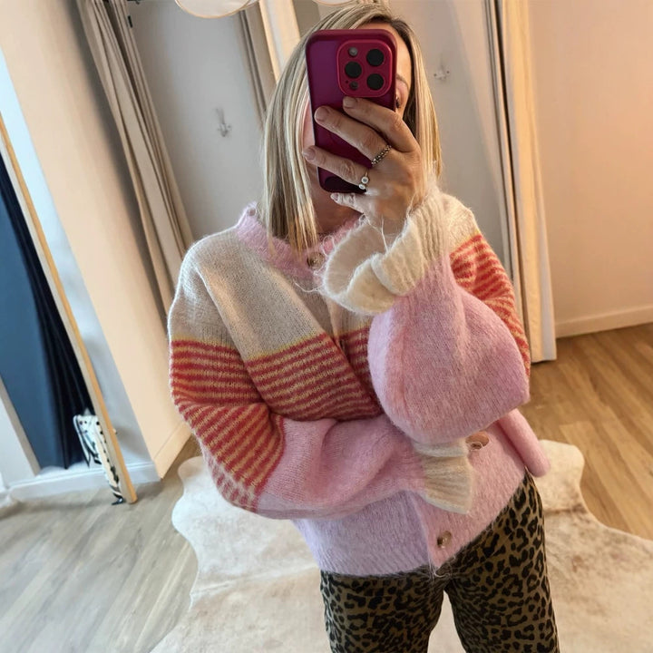 Women's Short Knit Cardigan made of Mohair Blend with Stripes, Button Placket and Balloon Sleeves Mune Fashion