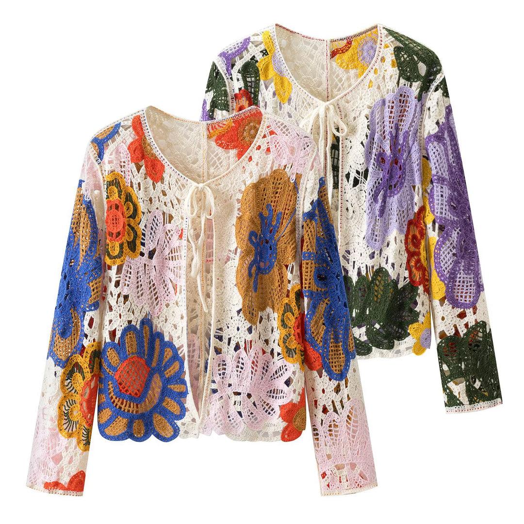 Women's Crochet Cardigan with Floral Appliqués and Tie Band Mune Fashion