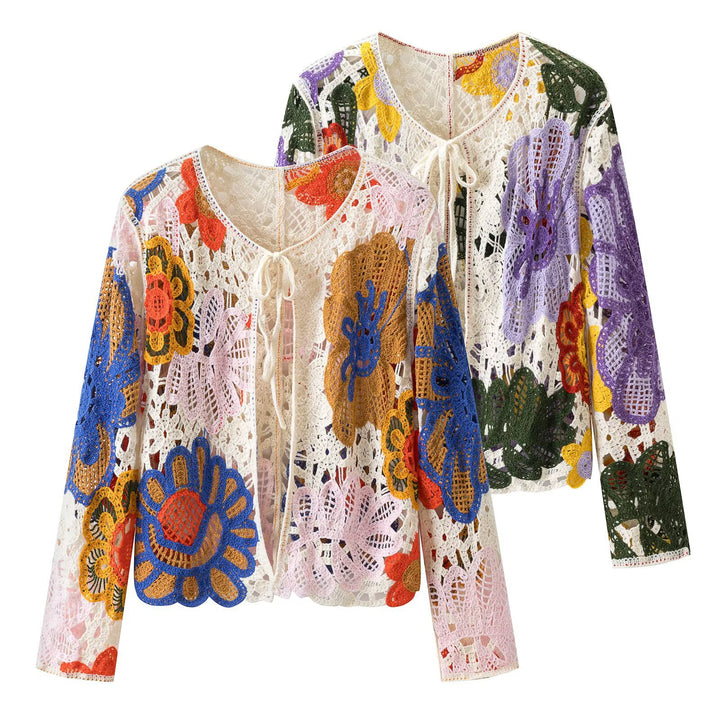 Women's Crochet Cardigan with Floral Appliqués and Tie Band Mune Fashion