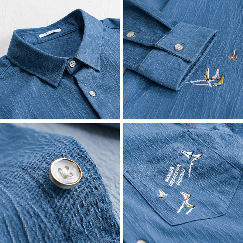 Men's Textured Chambray Overshirt with Maritime Embroidery and Chest Pocket Mune Fashion