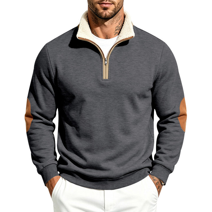 Men's Troyer Half-Zip Pullover with Teddy Fleece Lining, Faux Leather Elbow Patches and Stand-Up Collar Mune Fashion