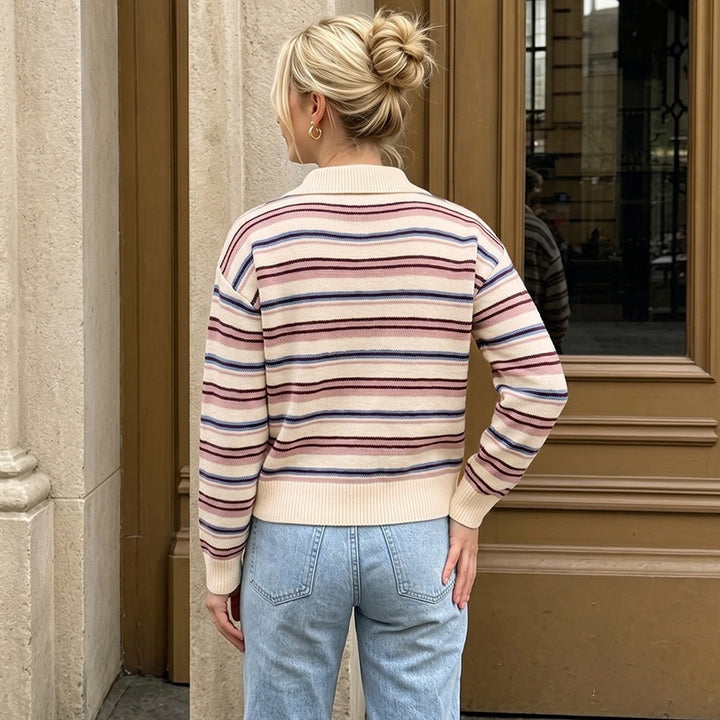 Women's Casual Knit Sweater with Polo Collar and Stripes Mune Fashion