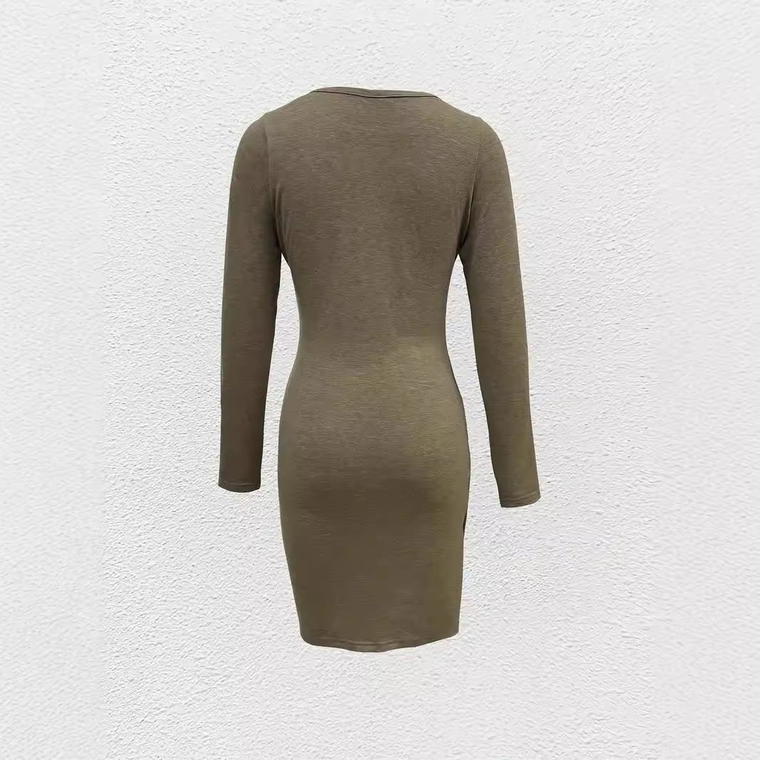 Women Long Sleeve Wrap Look Tulip Dress with Side Pockets Mune Fashion