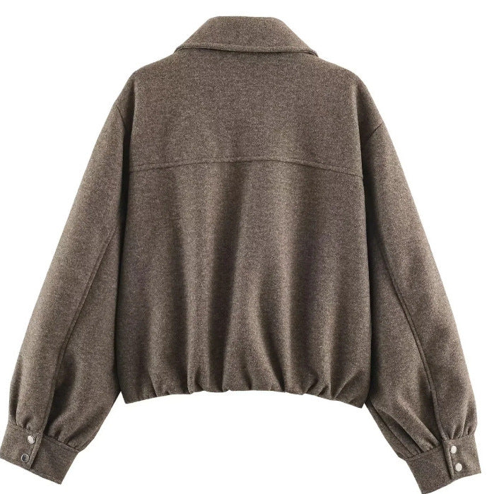 Women’s Short Cut Wool Bomber Jacket with Zipper and Elastic Hem Mune Fashion