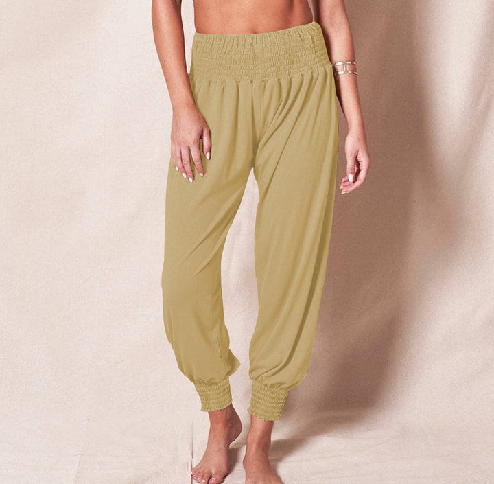 Women's Loose Harem Pants with High Smocked Waistband and Crumpled Ankle Cuffs Mune Fashion