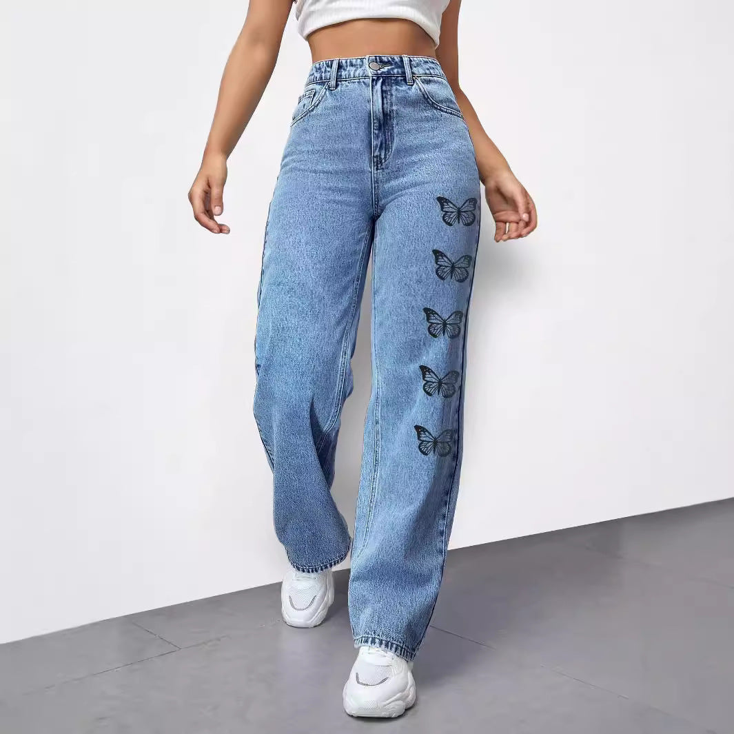 Ladies High-Waist Loose-Fit Denim Pants with Side Butterfly Print Mune Fashion