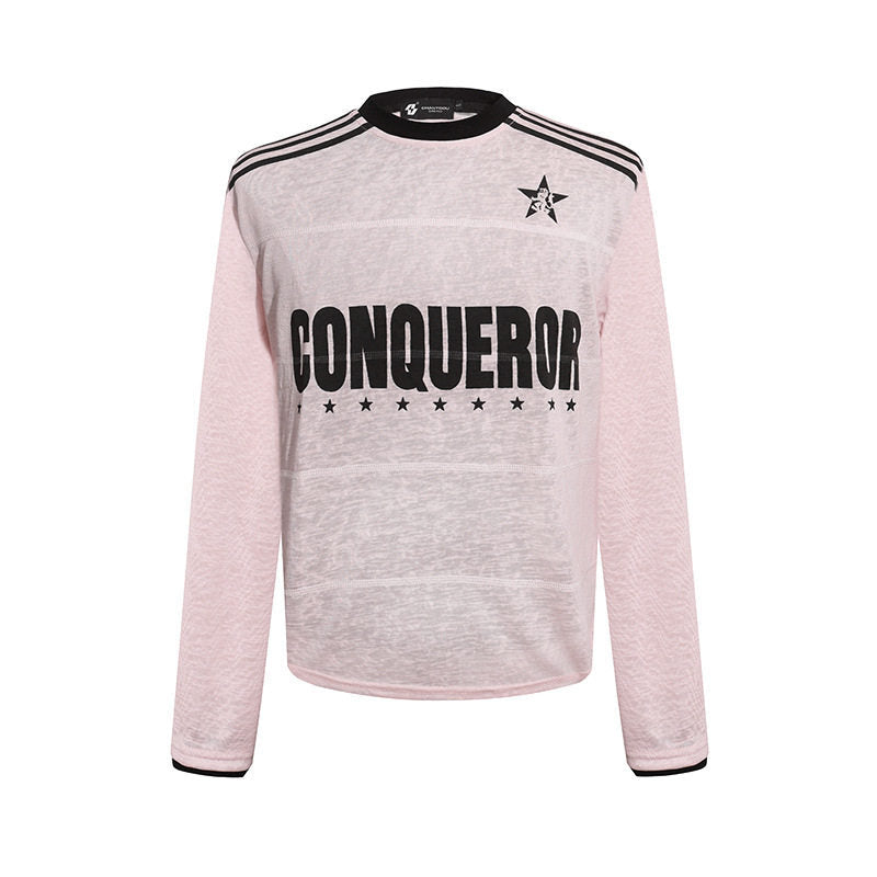 Women's long sleeve shirt with statement print, sport stripes and textured slub look Mune Fashion