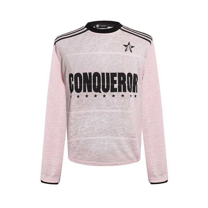 Women's long sleeve shirt with statement print, sport stripes and textured slub look Mune Fashion