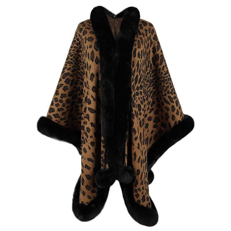 Women's Cozy Poncho with Luxurious Faux Fur Trim and Leopard Print Mune
