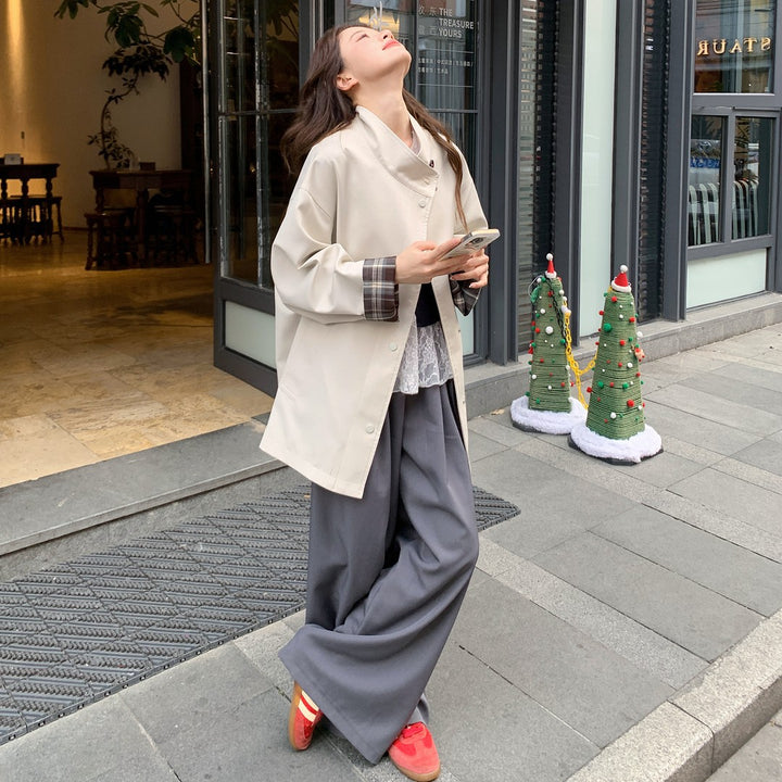 Women Oversized Short Coat with Stand-Up Collar and Checked Sleeve Lining Mune Fashion