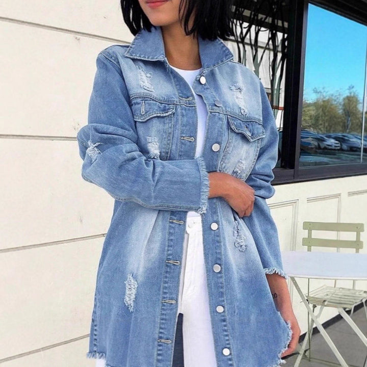 Women's Oversized Denim Jacket with Destroyed Details, Longer Cut and Frayed Hem Mune Fashion