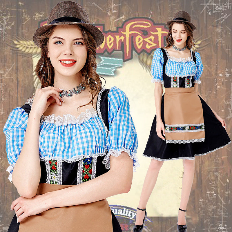 Women’s folkloric Oktoberfest costume in dirndl style with Carmen blouse, laced bodice, and embroidered apron Mune Fashion