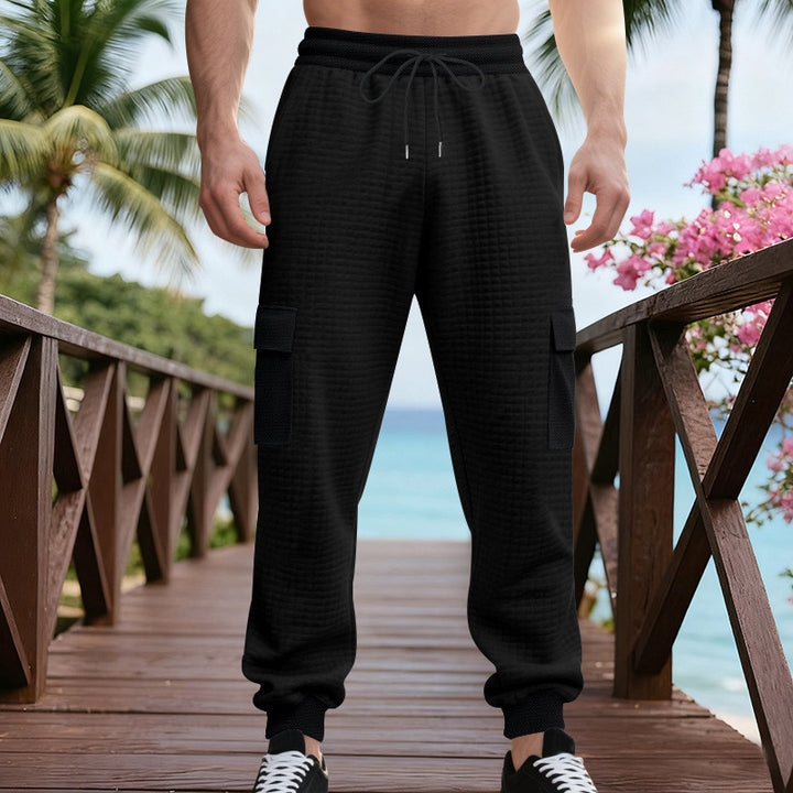 Men's Textured Cargo Jogging Pants with Drawstring, Snap Flap Pockets and Ribbed Cuffs Mune Fashion