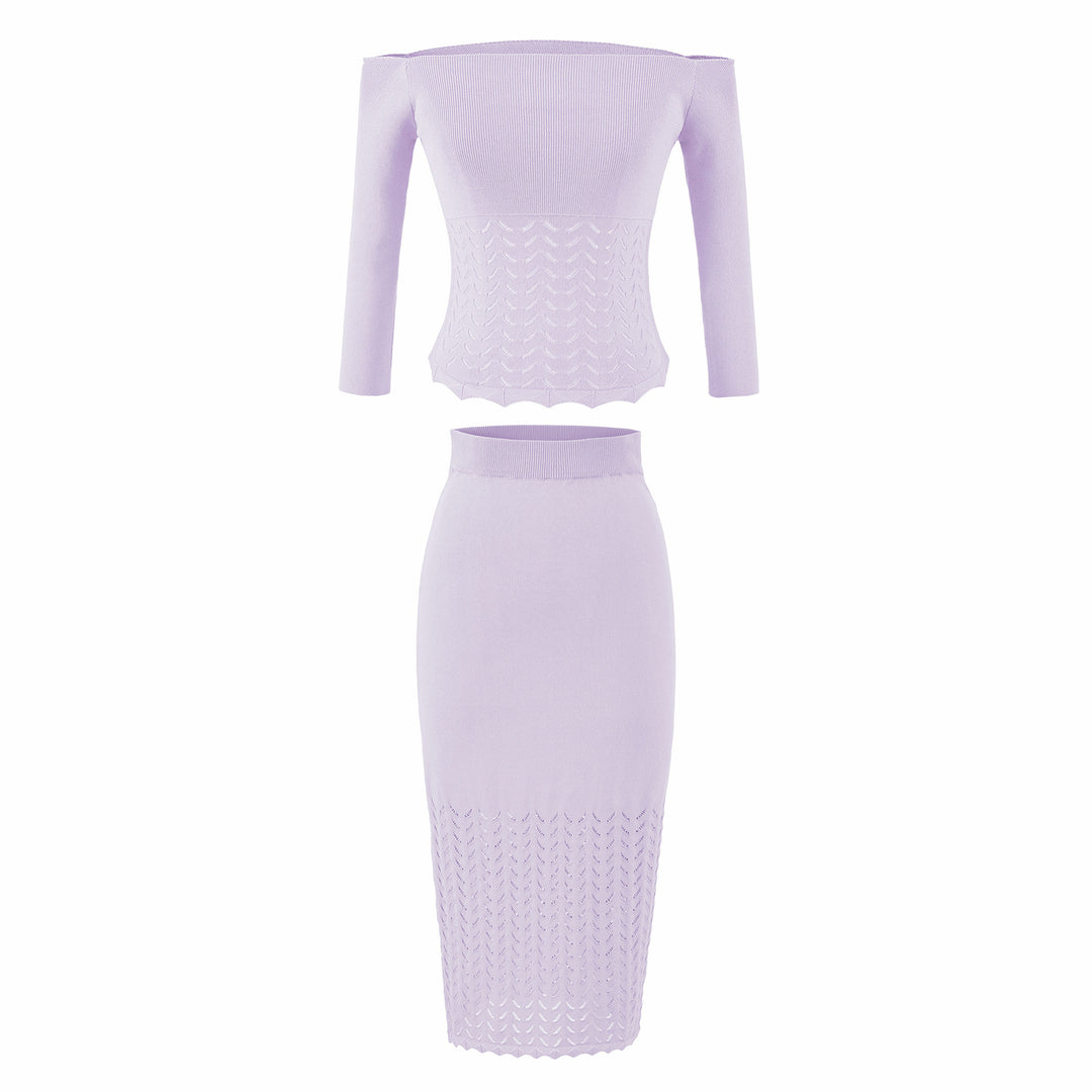 Women's Two-Piece Knit Set with off-the-shoulder Neckline and Bodycon Pencil Skirt Mune Fashion