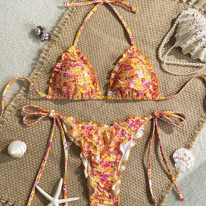 Women's Triangle Bikini with Ruffle Details and Lively Floral Print Mune Fashion