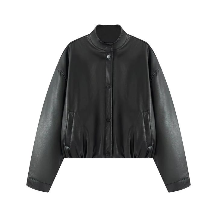 Women's oversized cropped faux leather bomber jacket with stand-up collar and elastic hem Mune Fashion