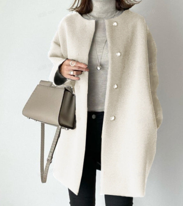 Women nan Oversized Wool Blend Coat with Pearl Buttons and Straight Cut Mune Fashion