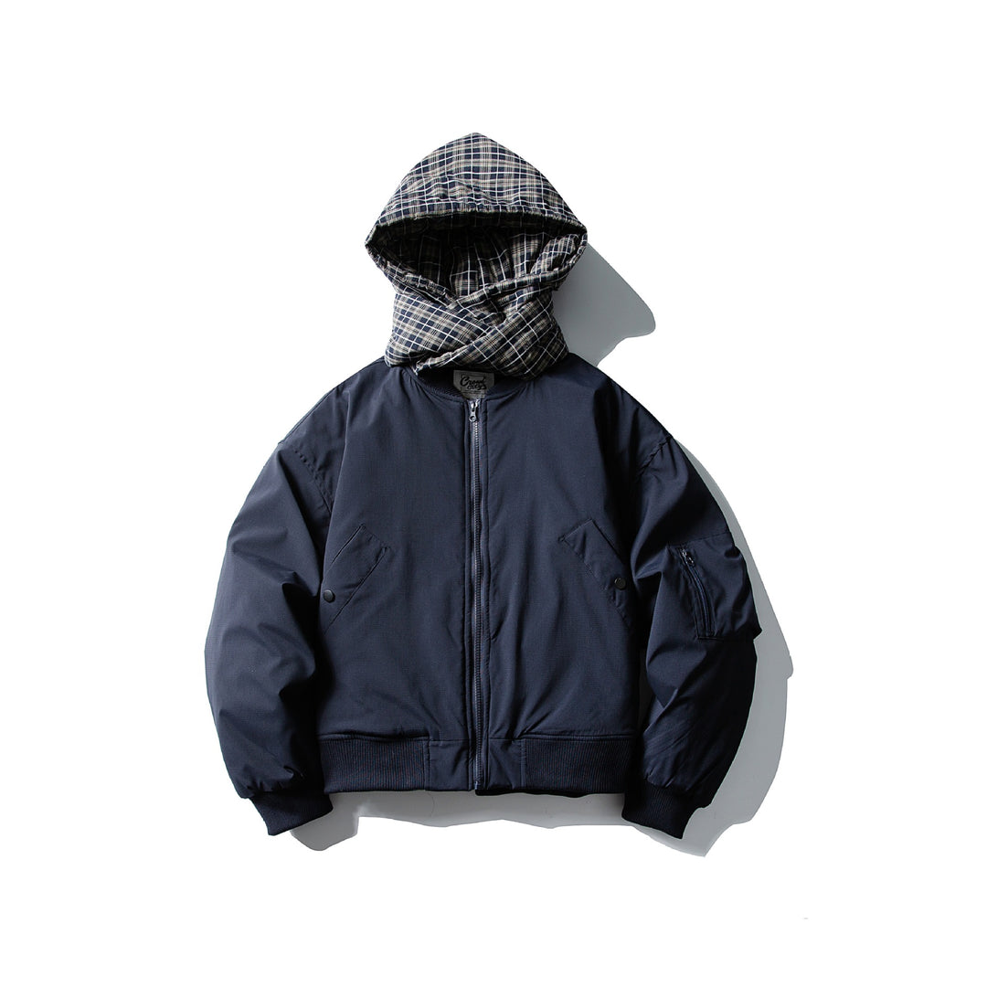 Men's Windproof Bomber Jacket with Quilted Checkered Hood and Integrated Scarf Mune Fashion