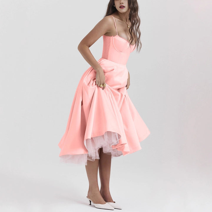 Women's tailored retro-inspired midi dress with corset underbust seams, flared skirt, and side pockets Mune Fashion
