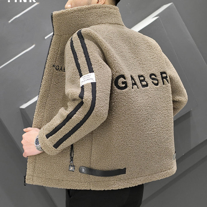 Men's Teddy Fleece Blouson with Stand Collar, Zipper and Contrast Stripes Mune Fashion