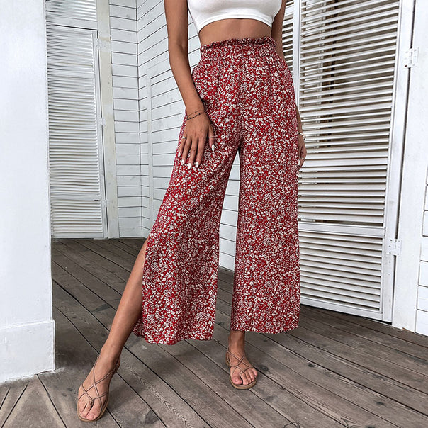 Women's Light High-Waist Palazzo Pants with Elastic Waistband, Floral Print and Side Leg Split Mune Fashion