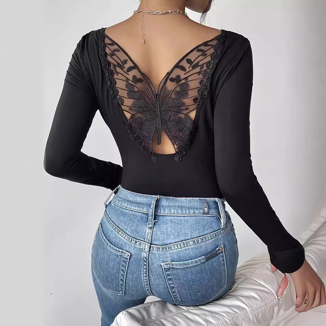 Women's fitted long-sleeve top with low back opening and embroidered butterfly lace insert Mune Fashion